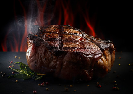 Steak grilled on barbecue served on a wooden board with herbs and spices. Ai generative imageの素材