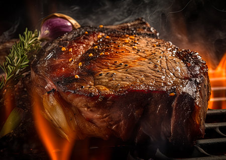 Steak and vegetables cooked on barbecue over the fire. Ai generativeの素材
