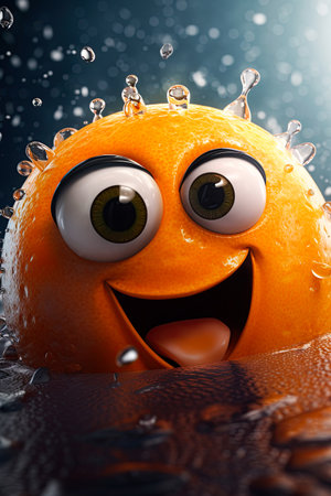 Orange cartoon character with big eyes and smile at the beach. Generative Ai illustrationの素材
