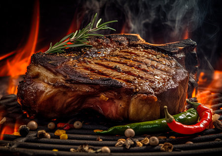 Steak and vegetables cooked on barbecue over the fire. Ai generativeの素材