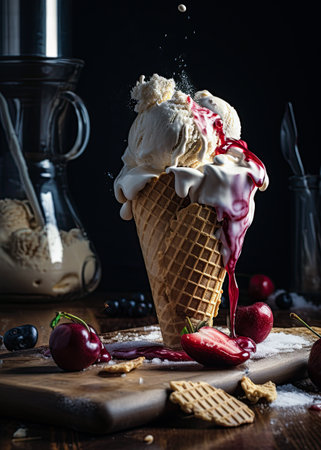 Vanilla Ice cream with strawberries, cherries on the kitchen table. Ai generative illustrationの素材