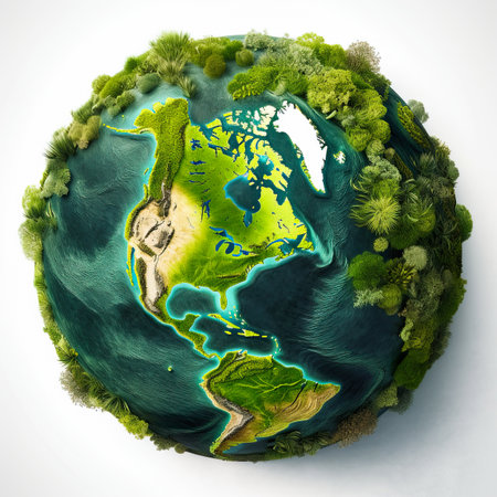 Green planet earth covered in plants and trees. Earth Day concept. Ecology, renewable energy, pollution concept. Ai generative illustrationの素材