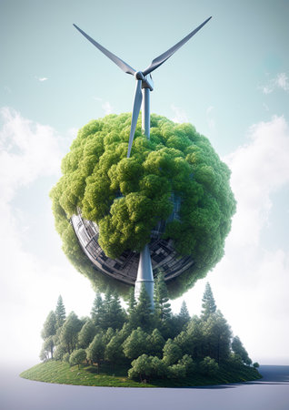 Wind turbine powering planet earth. Renewable, sustainable energy concept. Generative Ai illustrationの素材