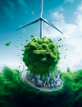 Wind turbine powering planet earth. Renewable, sustainable energy concept. Generative Ai illustrationの素材