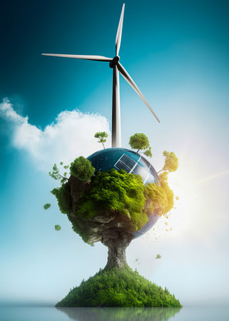 Wind turbine powering planet earth. Renewable, sustainable energy concept. Generative Ai illustrationの素材