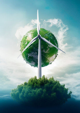Wind turbine powering planet earth. Renewable, sustainable energy concept. Generative Ai illustrationの素材