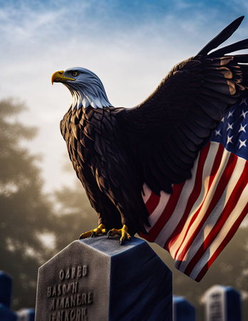Bald Eagle standing on the toombstone at cemetery with american flag. Honoring the dead soldiers. Memorial Day concept. Ai generative imageの素材