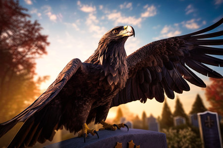 Eagle standing at the top of the toombstone at cemetery. Honoring the dead soldiers. Memorial Day concept. Ai generative imageの素材