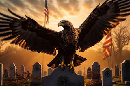 Eagle standing at the top of the toombstone at cemetery. Honoring the dead soldiers. Memorial Day concept. Ai generative imageの素材