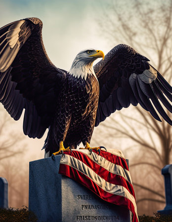 Bald Eagle standing on the toombstone at cemetery with american flag. Honoring the dead soldiers. Memorial Day concept. Ai generative imageの素材