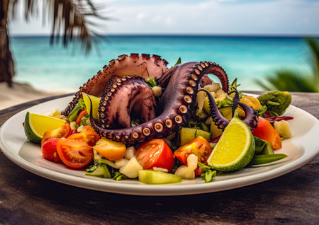 Octopus served in restaurant at the beach. Ai Generative imageの素材