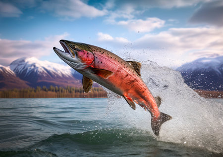 Sockeye Salmon jumping out of water in Alaskan river. Generative Ai imageの素材