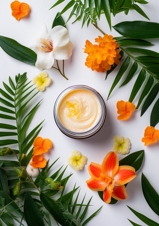 Skincare, cosmetic and  healthcare products made of flowers and plants. Skin cream, oil and body lotion. Flat lay, top view. Ai Generative imageの素材