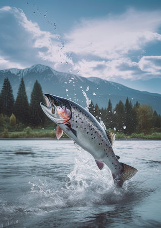 Salmon jumping out of water in Alaskan river. Generative Ai imageの素材