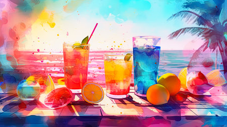 Cocktails and drinks in glasses at the bar. Abstract, colorful watercolor illustration. Digital painting for print and background. Generative Ai illustrationの素材