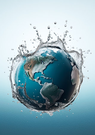 Planet Earth in water splash. World Water Day. Preserve and save planet earth concept. Ai Generative illustrationの素材