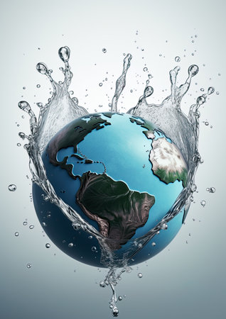 Planet Earth in water splash. World Water Day. Preserve and save planet earth concept. Ai Generative illustrationの素材
