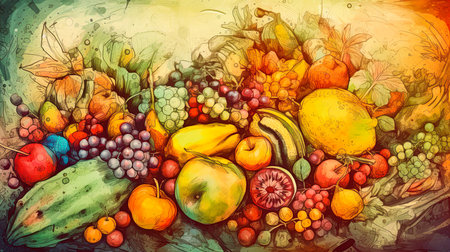 Fruit. Abstract, colorful illustration. Digital painting for print and background. Generative Ai illustrationの素材