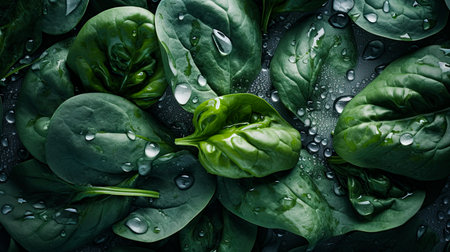 Fresh spinach. Organic product. Healthy diet super food. Top view, flat lay. Ai Generativeの素材