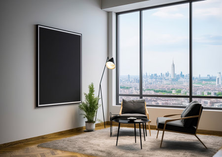 Picture mock up on the wall in the office. Empty space for a text or image. Copy space, add design. Ai generative imageの素材