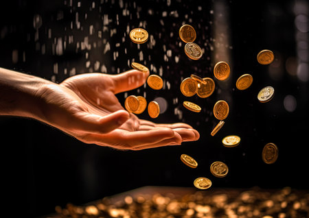 Golden bitcoins falling into hand. Crypto currency and mining concept. Ai generative imageの素材