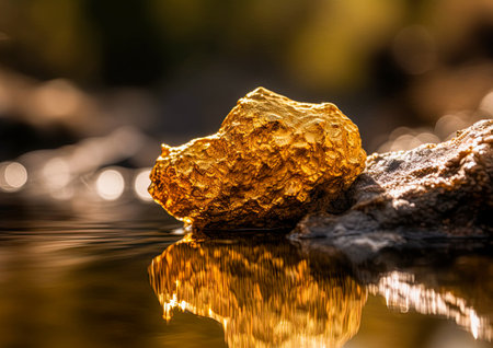 Big golden nugget in the river. Gold mining concept. Ai generative imageの素材