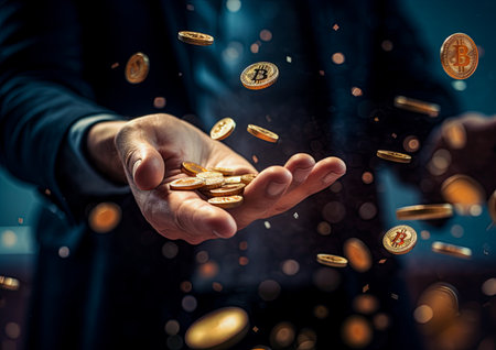 Golden bitcoins falling into hands. Crypto currency and mining concept. Ai generative imageの素材
