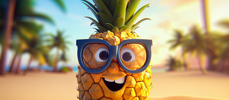 Pineapple cartoon character with sunglasses at the sandy beach. Ai generative illustrationの素材