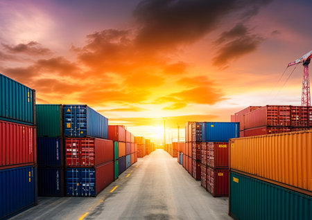 Cargo containers at sea port. Shipping and transportation. Generative Ai illustrationの素材
