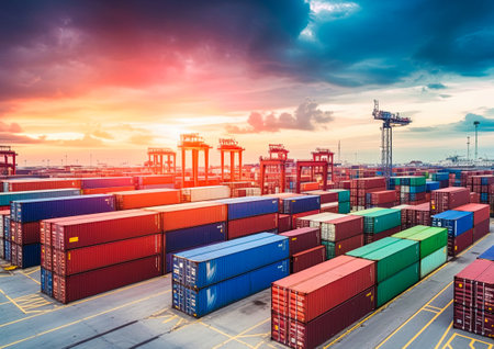 Cargo containers at sea port. Shipping and transportation. Generative Ai illustrationの素材