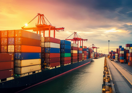 Cargo containers at sea port. Shipping and transportation. Generative Ai illustrationの素材