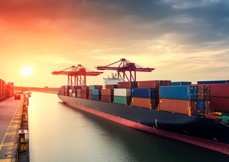 Cargo containers at sea port. Shipping and transportation. Generative Ai illustrationの素材
