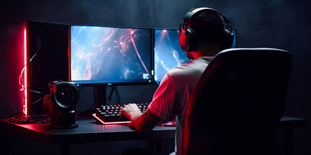 Young gamer playing video game on computer. Ai generative imageの素材