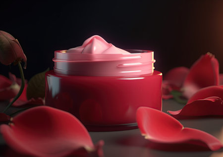 Rose cosmetic product. Face cream  and rose petals. Ai generative illustrationの素材