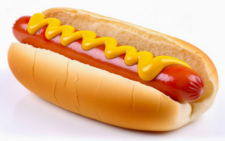 Delicious hot dog with mustard, isolated on white background. Ai generative imageの素材