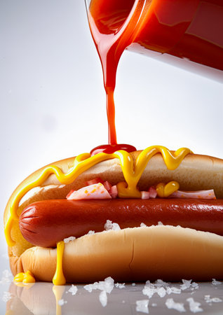 Hot dog with oozing ketchup and mustard. Ai generative imageの素材