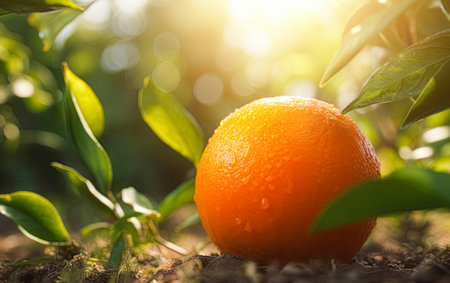Orange in orchard at sunny day. Fresh organic fruit. Ai generative imageの素材
