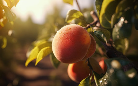 Peaches orchard on sunny day. Ai generative imageの素材