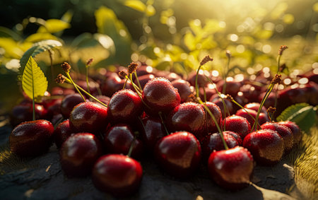 Harvested cherries in the orchard at sunny day. Generative Ai imageの素材