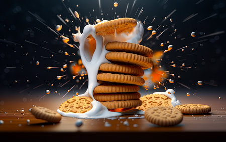 Stack of Sandwich cookies with milk splash.Ai generative illustrationの素材
