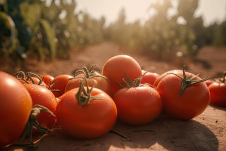 Freshly harvested tomatoes in the garden. Ai generative imageの素材