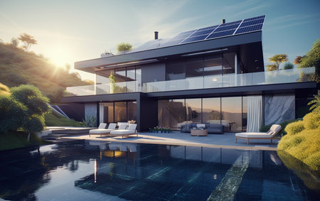 Modern luxury mansion with solar panels. Sustainable and renewable energy concept. Ai generativeの素材