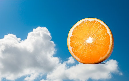 Orange slice in the blue  sky. Orange representing sun. Ai generative illustrationの素材