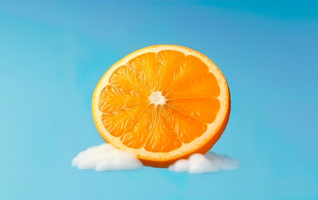 Orange slice in the blue  sky. Orange representing sun. Ai generative illustrationの素材