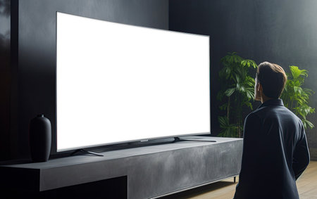 Man watching large tv. Blank screen for adding photo, video or text. Copy space. Ai generativeの素材