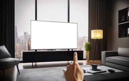 Man pointing finger at tv in apartment livingroom. Ai generativeの素材