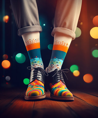 Funny colorful shoes and stylish socks on mens feet. Fashionable fotwear. Ai generative imageの素材