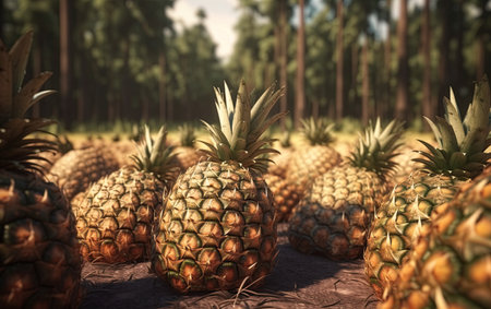Pineapple plantation on a sunny day. Healthy and organic fruit. Ai generativeの素材