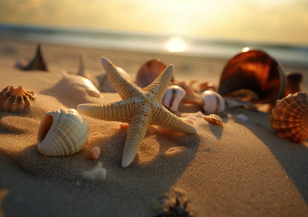Sea shells, snails and starfish on a sandy beach at sunset. Ai generativeの素材