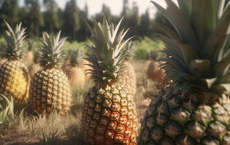 Pineapple plantation on a sunny day. Healthy and organic fruit. Ai generativeの素材